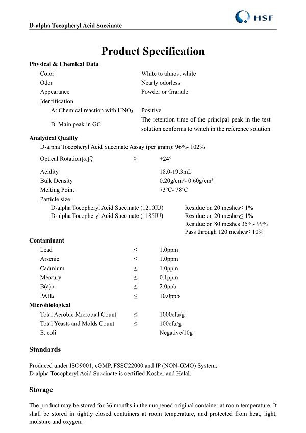 China Dalpha Tocopheryl Acid Succinate 1185IU/g/Natural Vitamin E